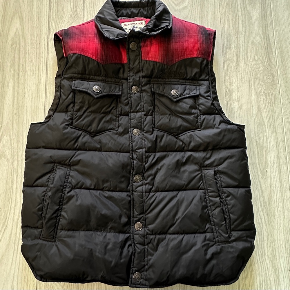 Winchester Mens Large L Black Puffer Vest Flannel Large Metal Buttons‎ Fall
